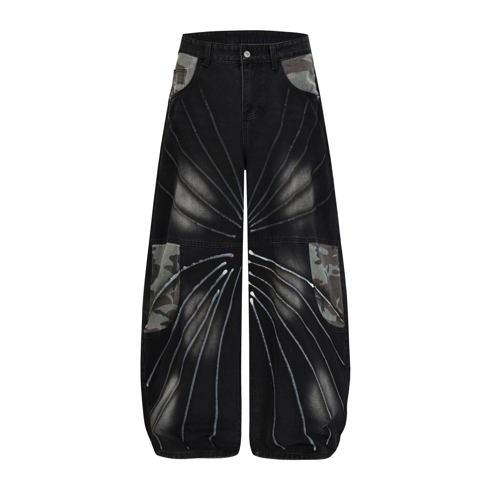Butterfly Print Camouflage Wide Leg Denim Jeans