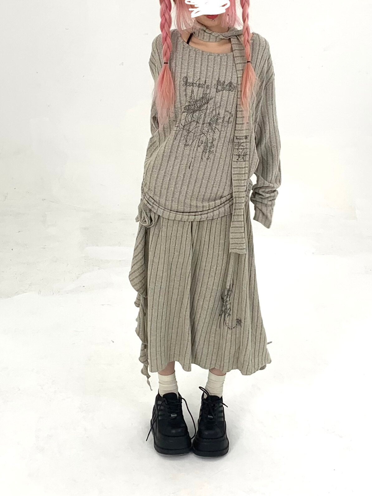 Ribbed Letter Print Strap Detail Oversize Knit Sweater