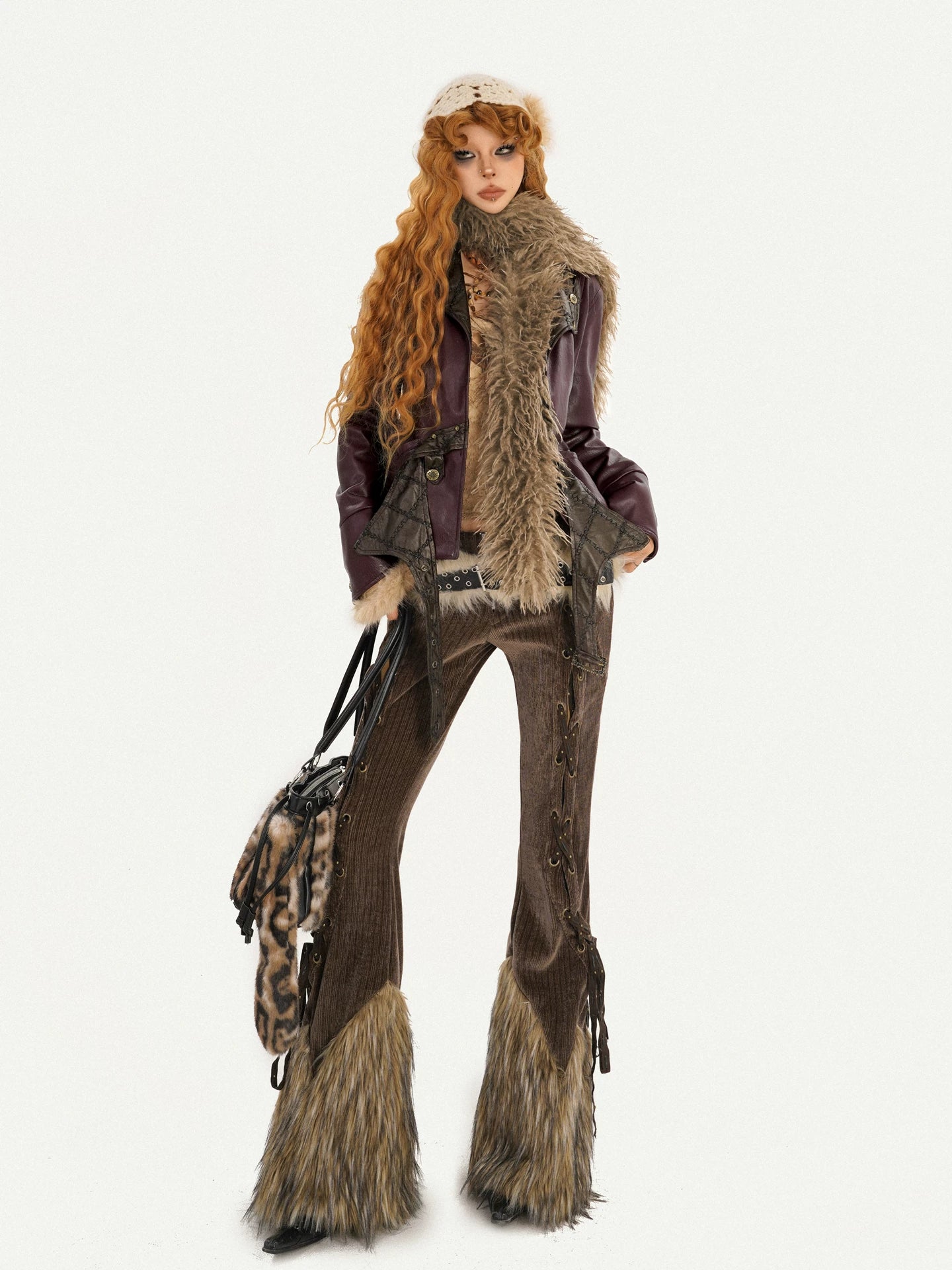 Corduroy Patchwork Fake Fur Lace-Up Slimming Pants