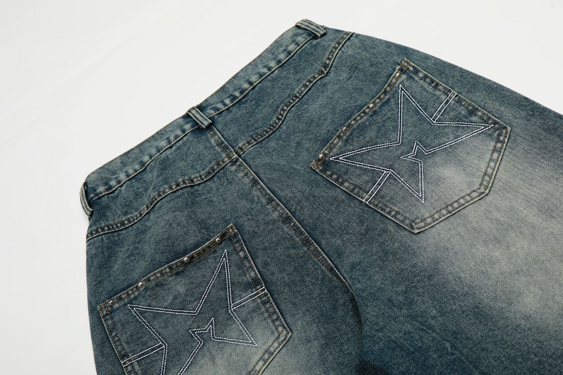 Star Patch Rivet Wide Leg Denim Jeans
