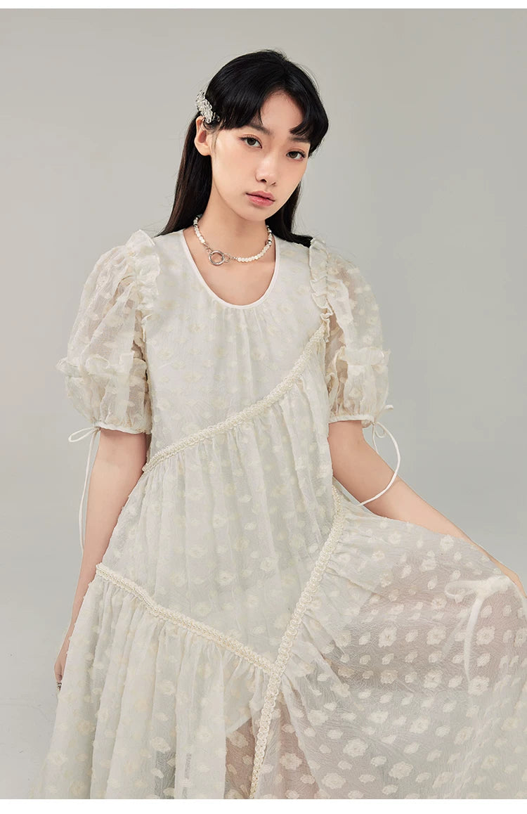 Jacquard Design Short Sleeve Dress With Irregular Hem Length