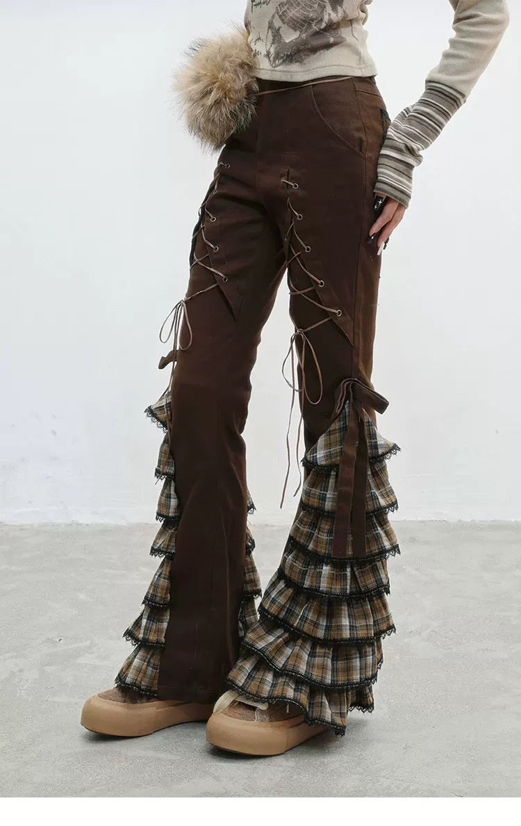Plaid Lace-Up Ruffle Slimming Pants