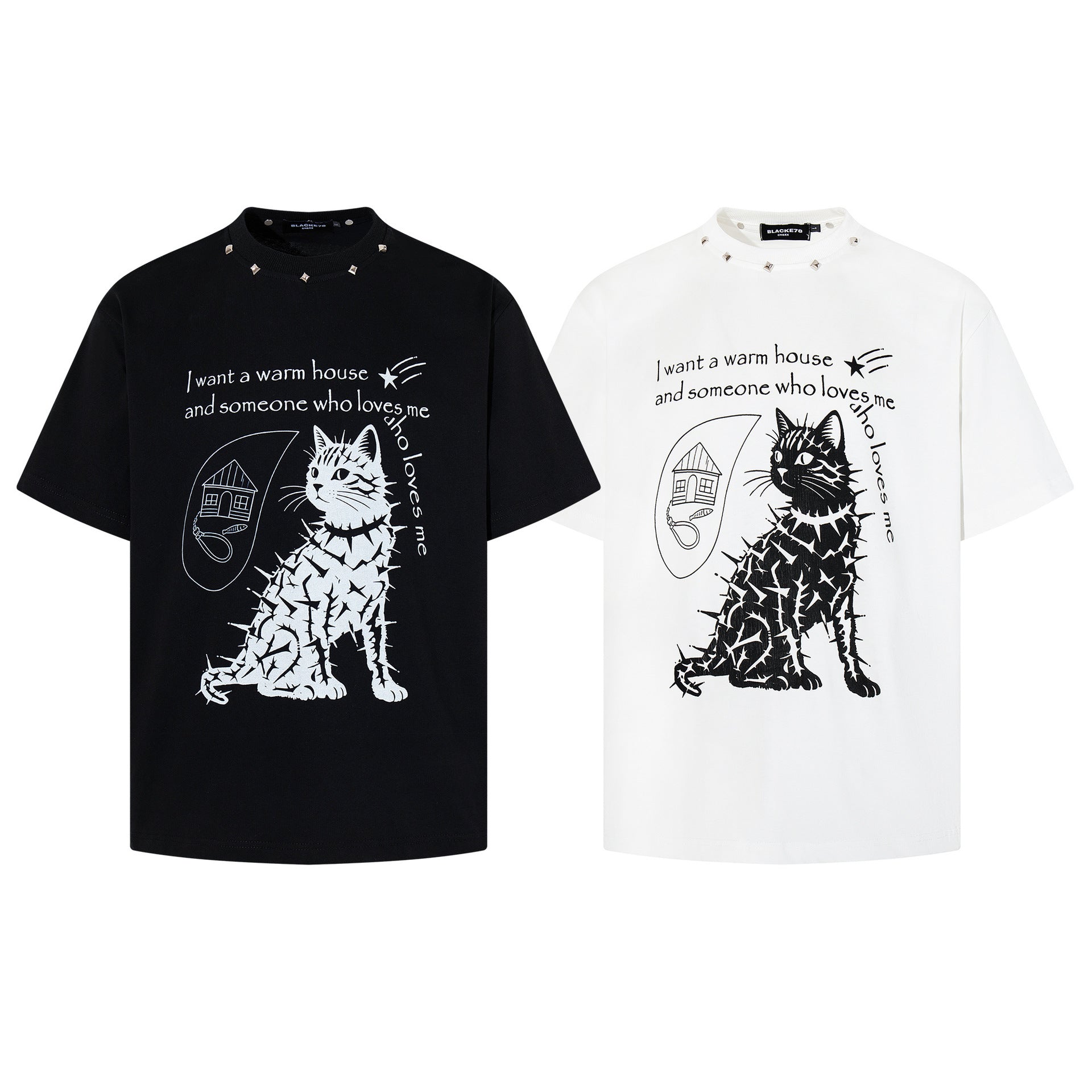 Stud Cat Print Short Sleeve T-Shirt