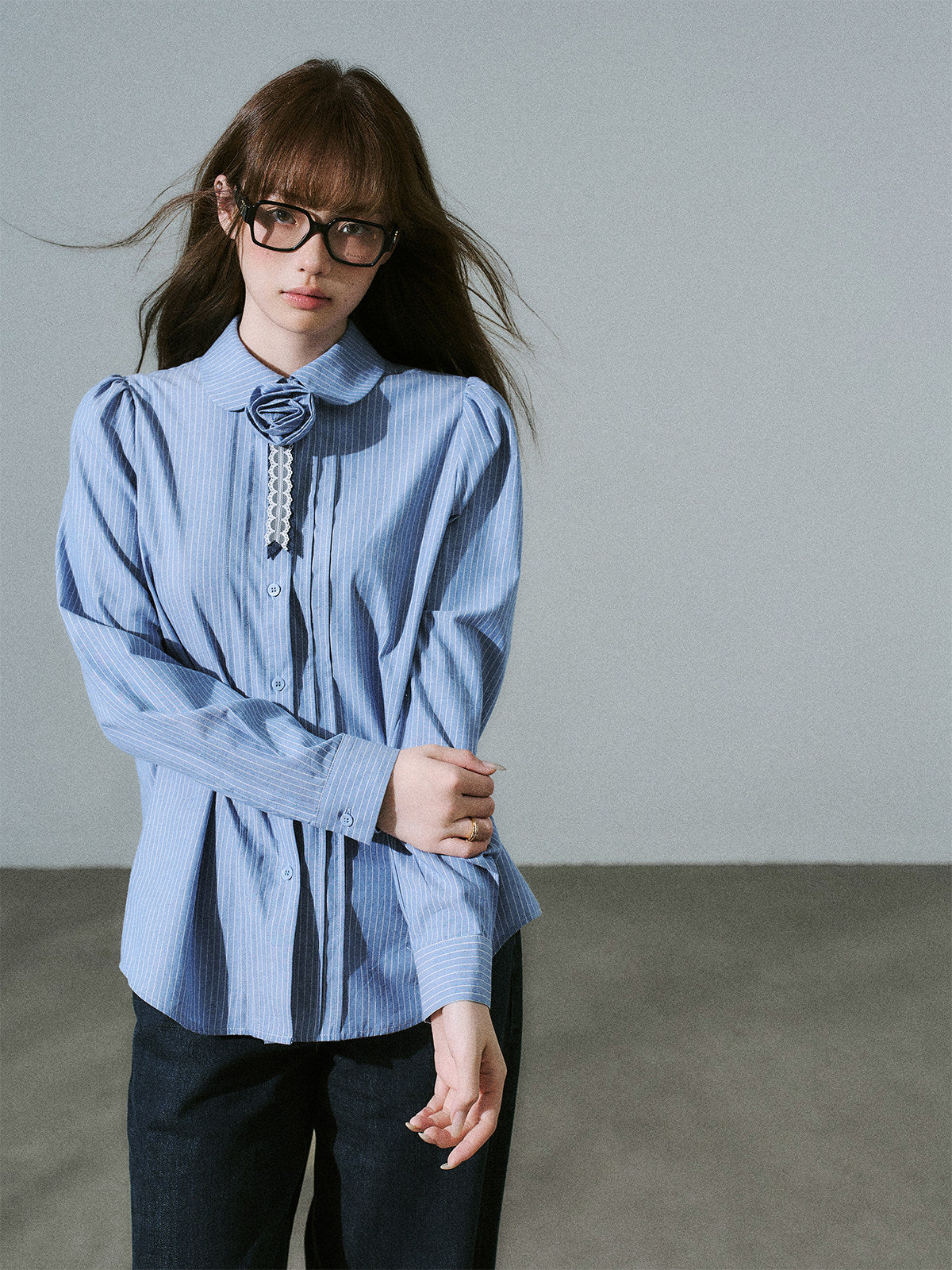 Lace & Flower Detail Stripe Long Sleeve Shirt