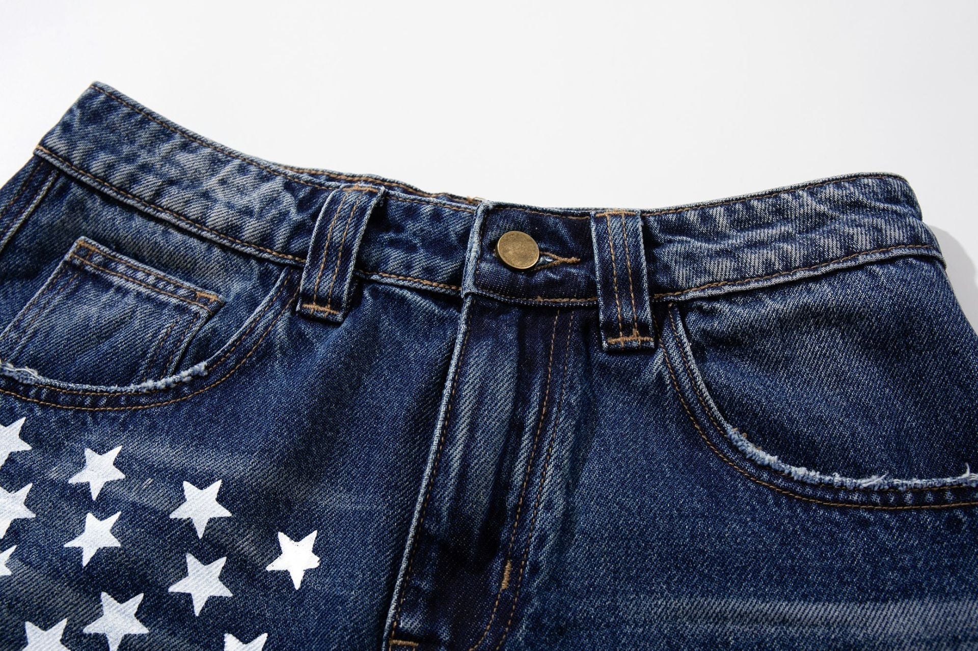 Star Print Curved Wide Leg Denim Jeans