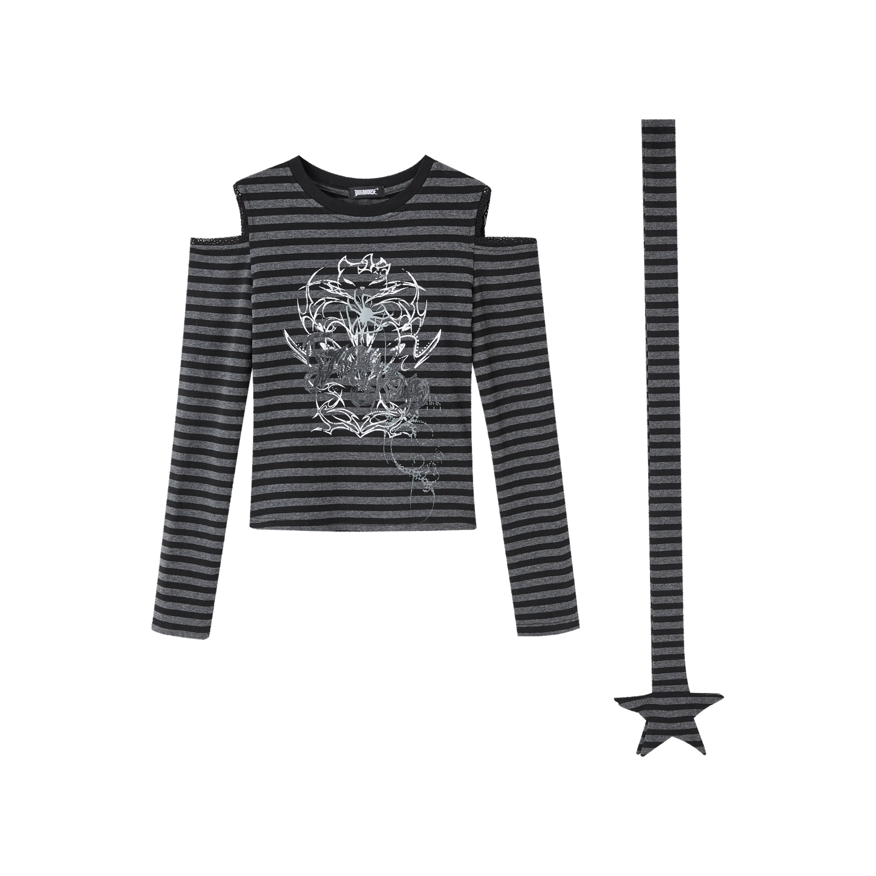 Stripe Graphic Print Cutout High-Neck Long Sleeve T-Shirt & Stripe Star Scarf