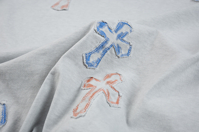 Washed Cross Applique Short Sleeve T-Shirt