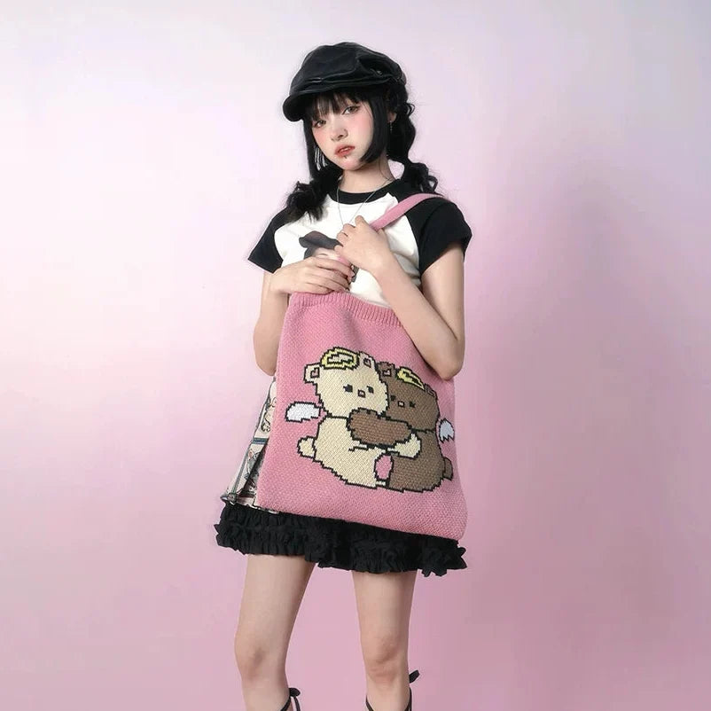 Angel Bear Jacquard Knit Tote Bag