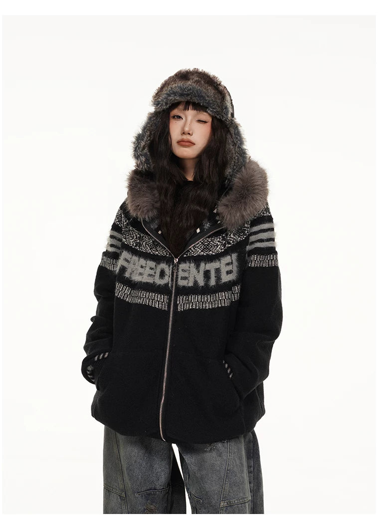 Fair Isle Hooded Detachable Fur Collar Knit Cardigan