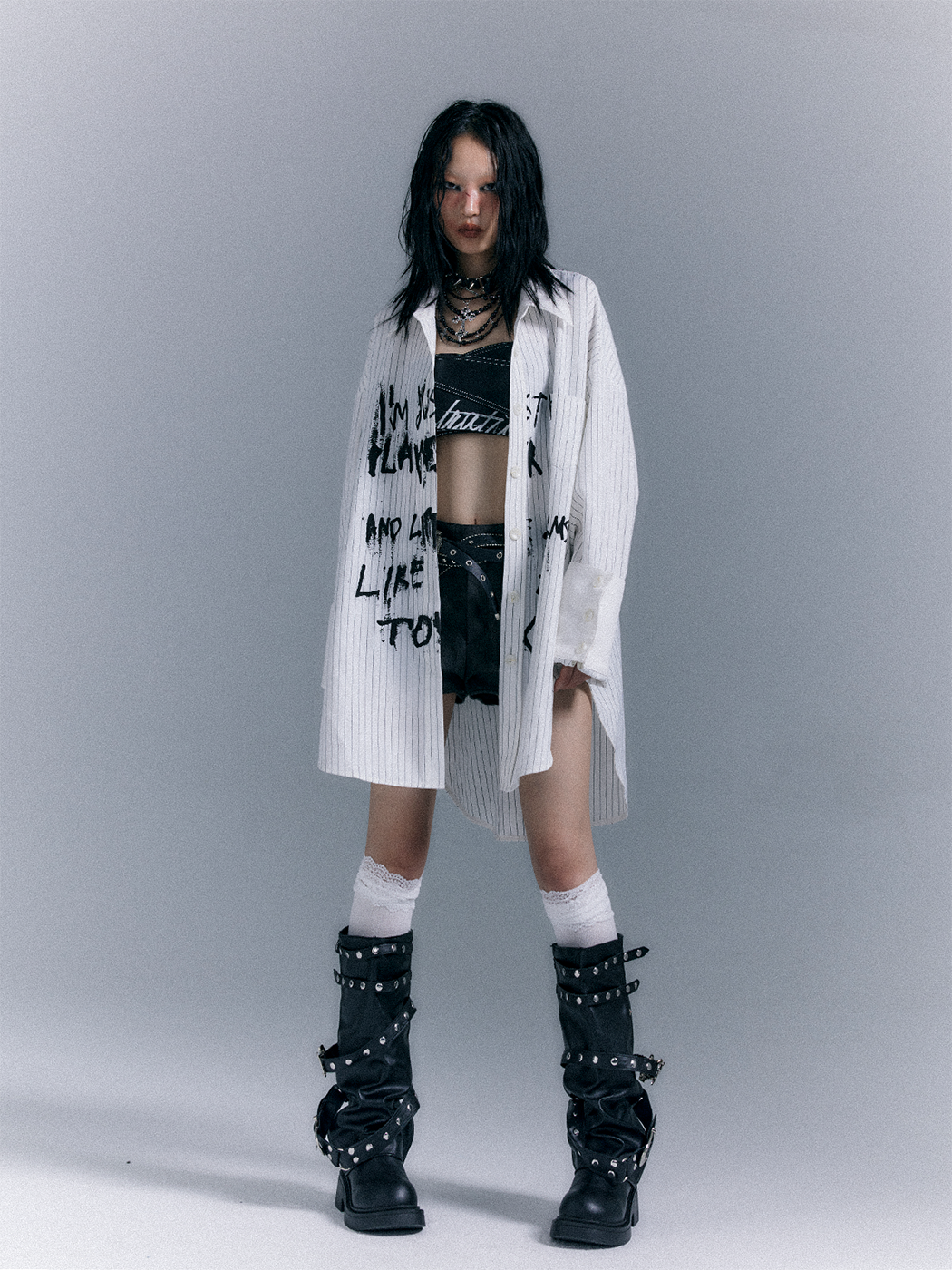 Graffiti Print Stripe Oversize Long Sleeve Shirt