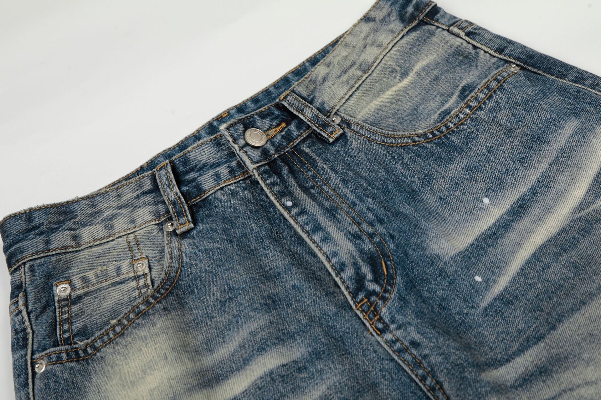 Washed Whisker Paint Splatter Straight Denim Jeans
