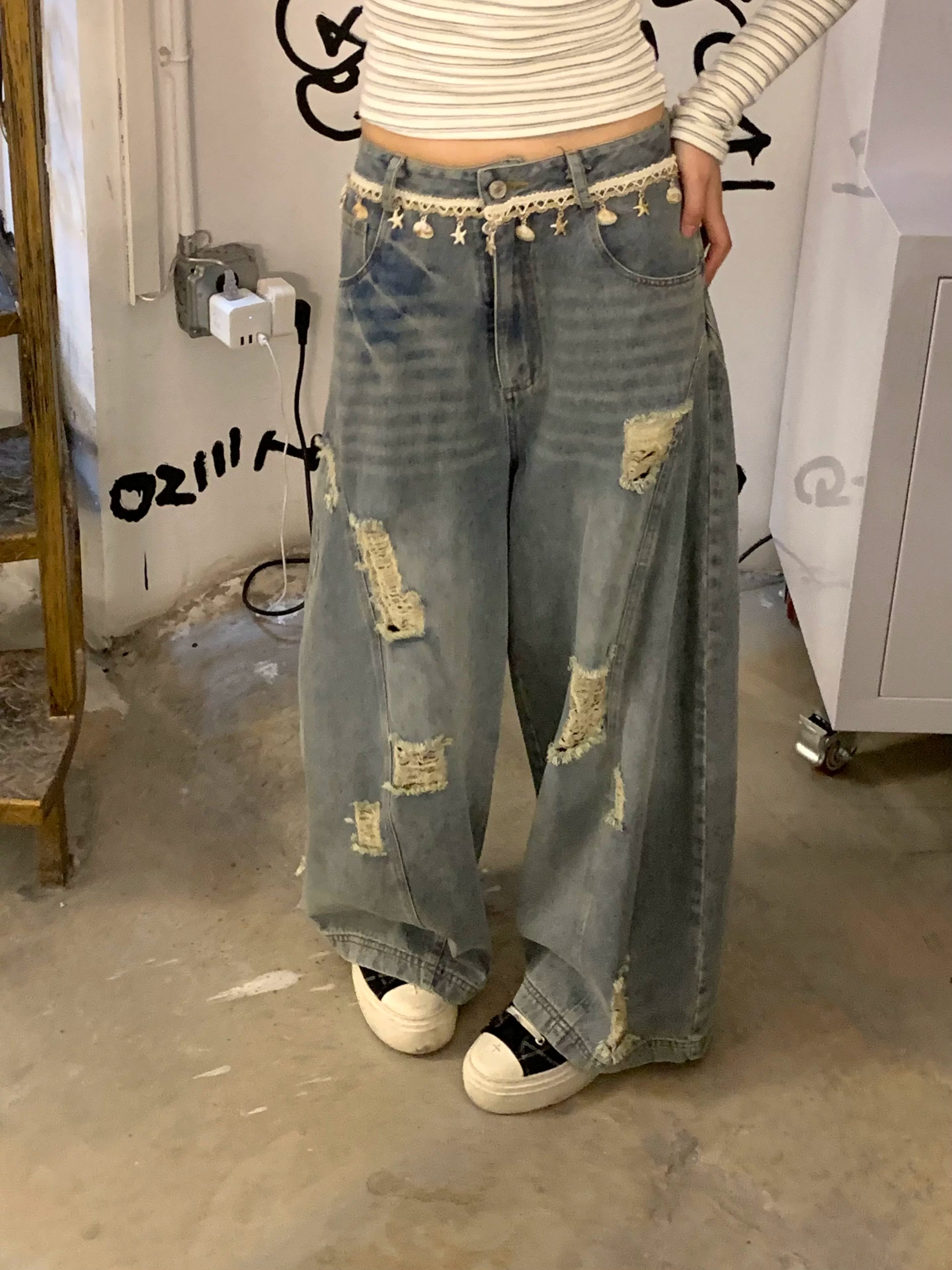 Washed Damage Wide Leg Shell Decoration Denim Jeans