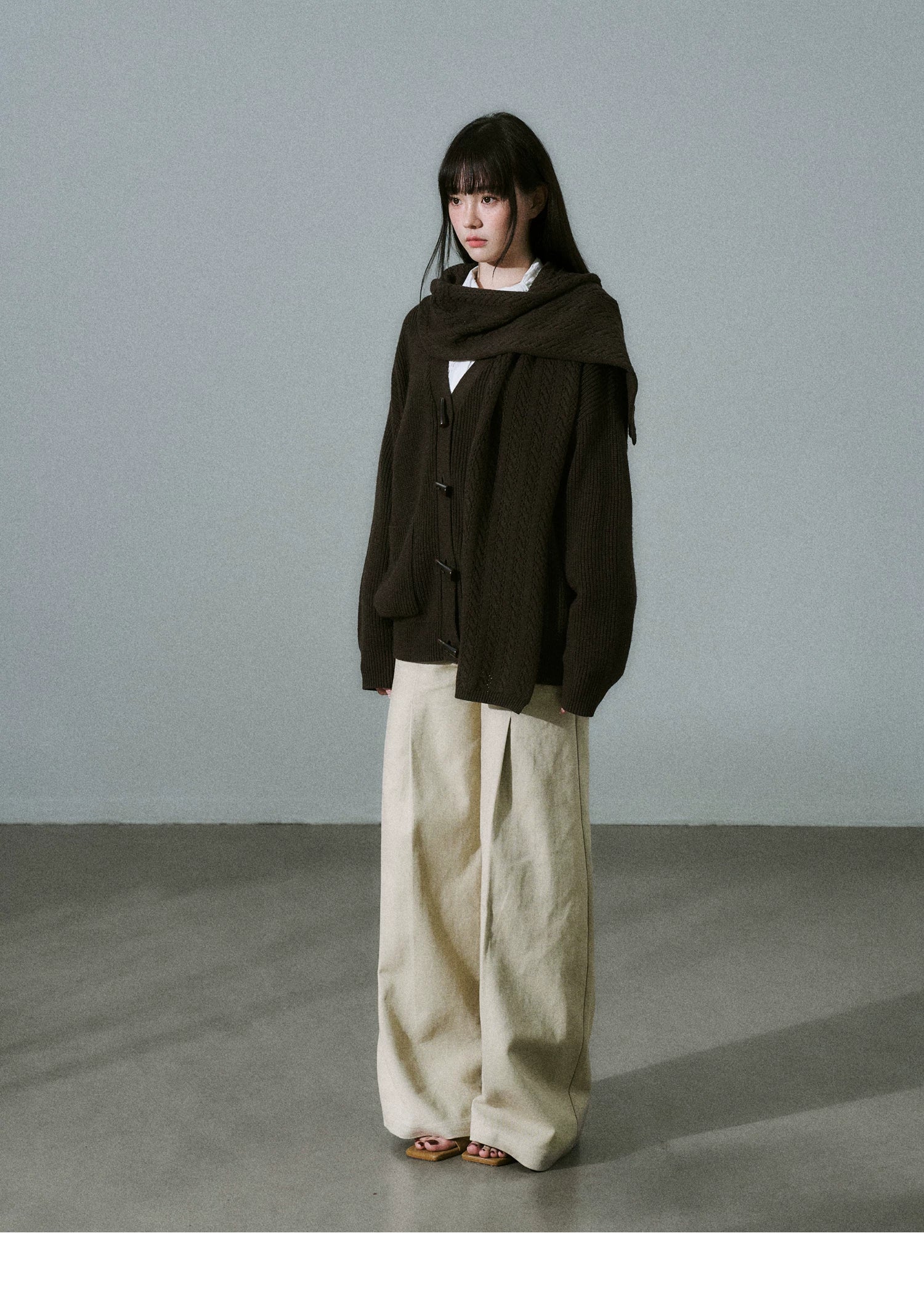 Hooded Horn Button Fleece Lining Knit Cardigan