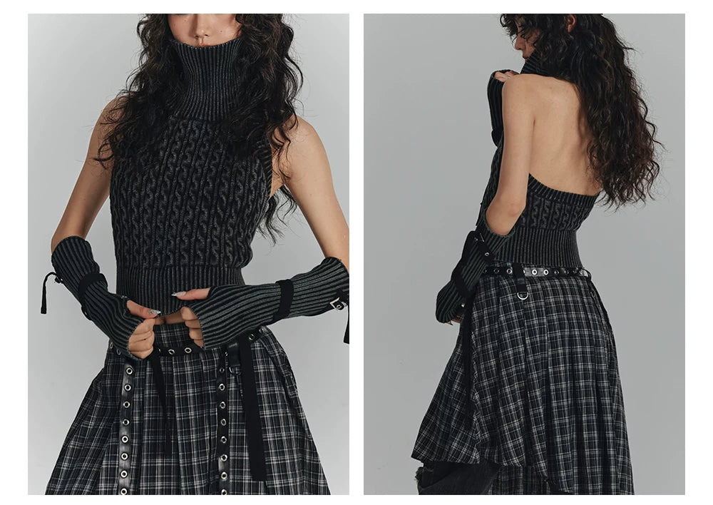 High-Neck Sleeveless Lace-Up Backless Knit Sweater & Arm Warmers