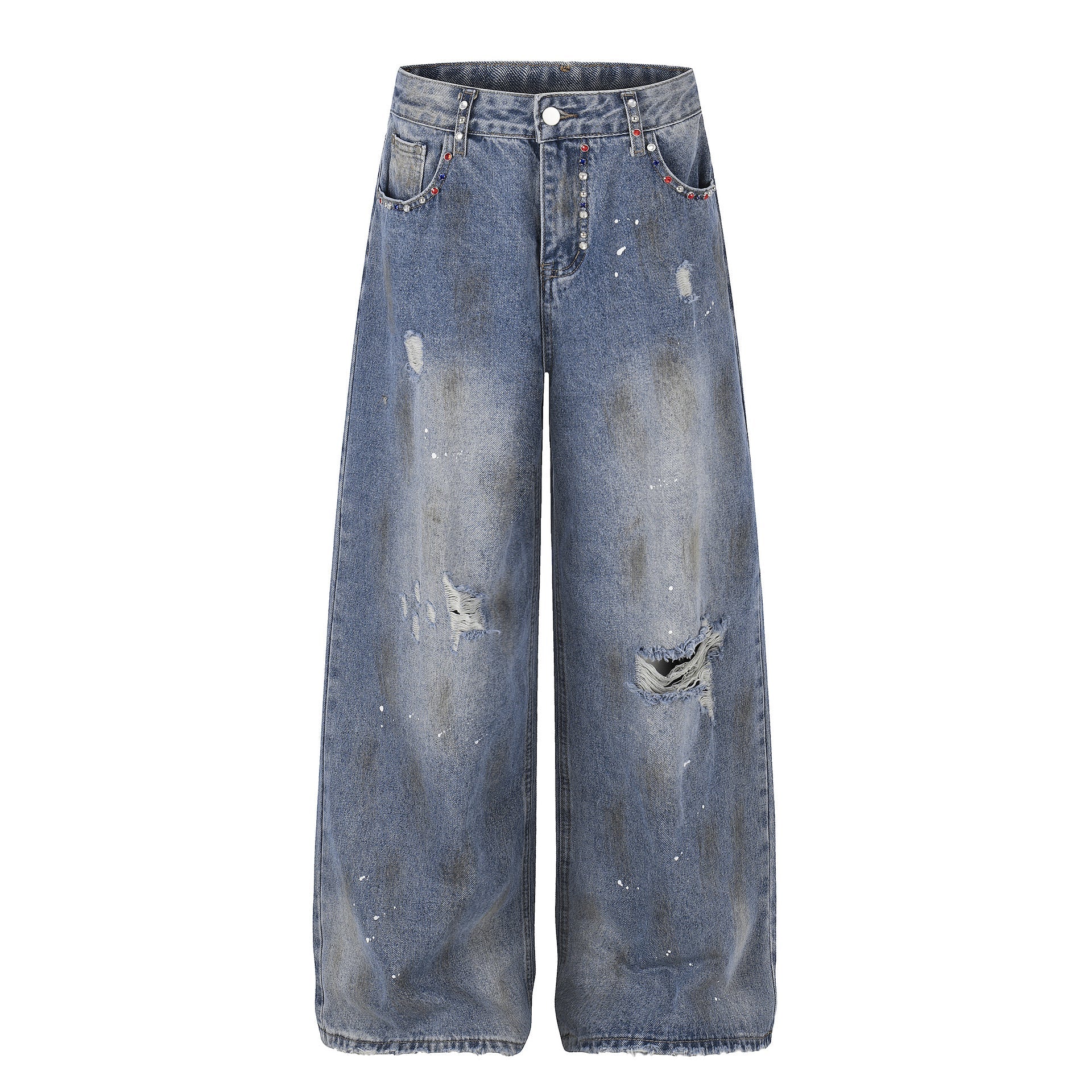 Washed Paint Damage Wide Leg Denim Jeans