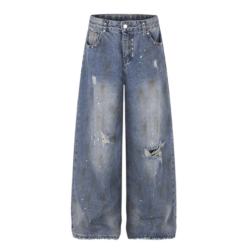 Jeans de mezclilla de pierna ancha con efecto de pintura desgastada - Azul / S