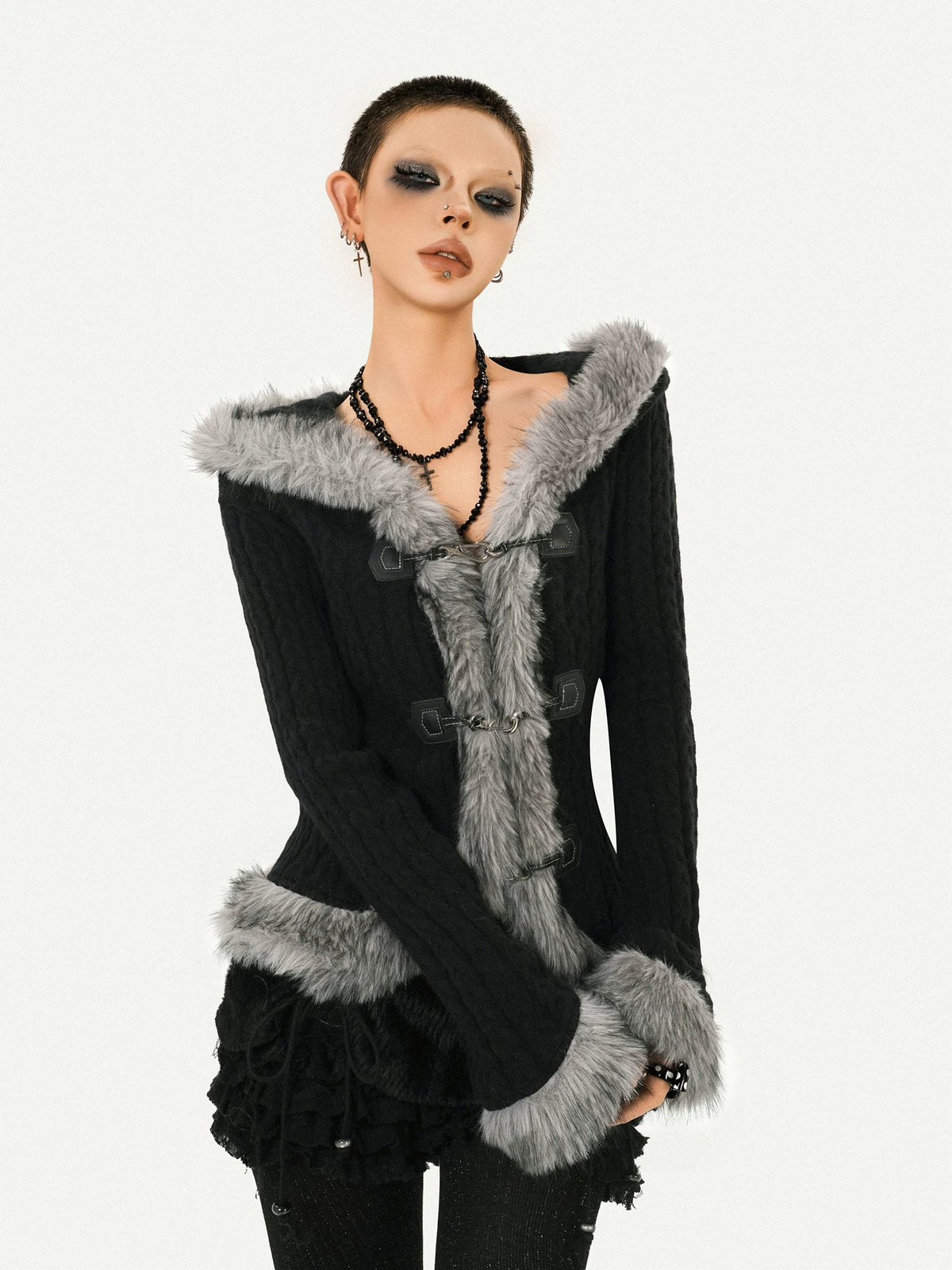 Hooded Fur Collar Fitted Knit Cardigan