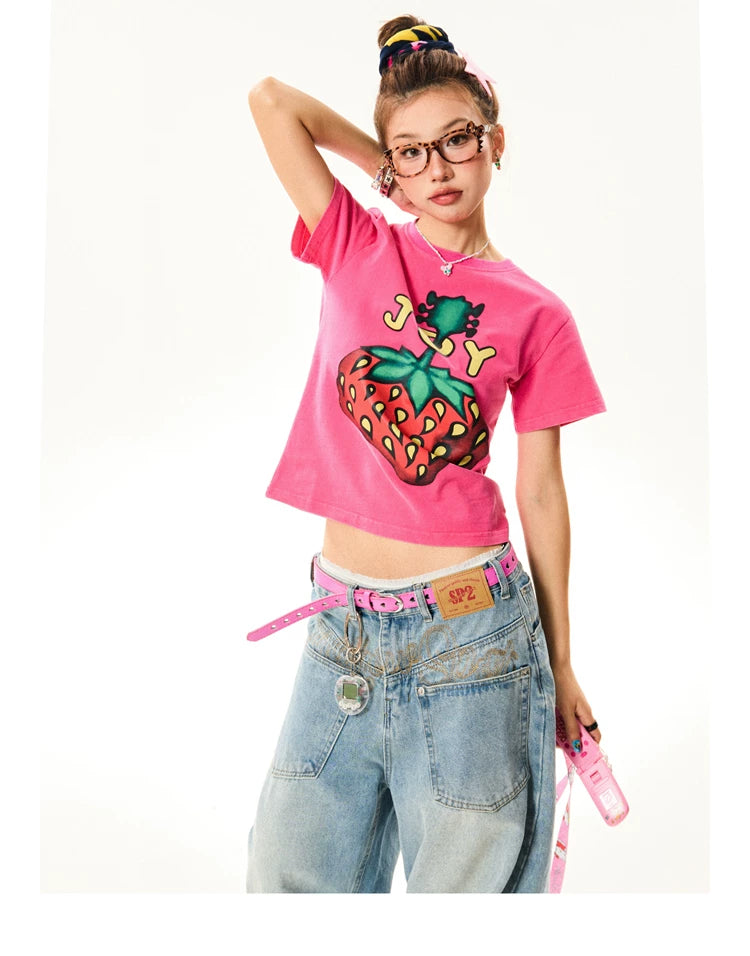 Strawberry Print Cropped Short Sleeve T-Shirt
