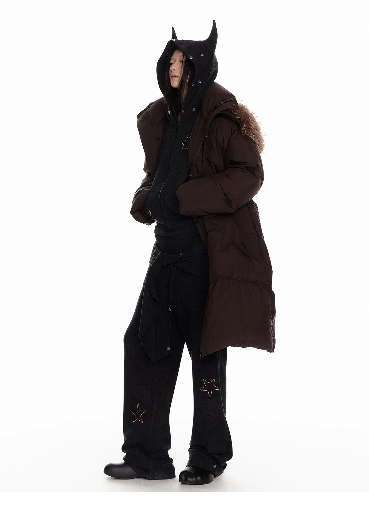 Horn Fur Collar Fuzzy Zipper Hoodie & Wide-Leg Pants Setup