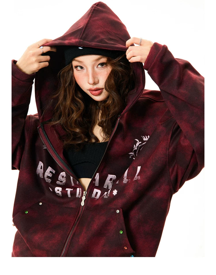 Tie-Dye Letter Print Oversize Zipper Hoodie