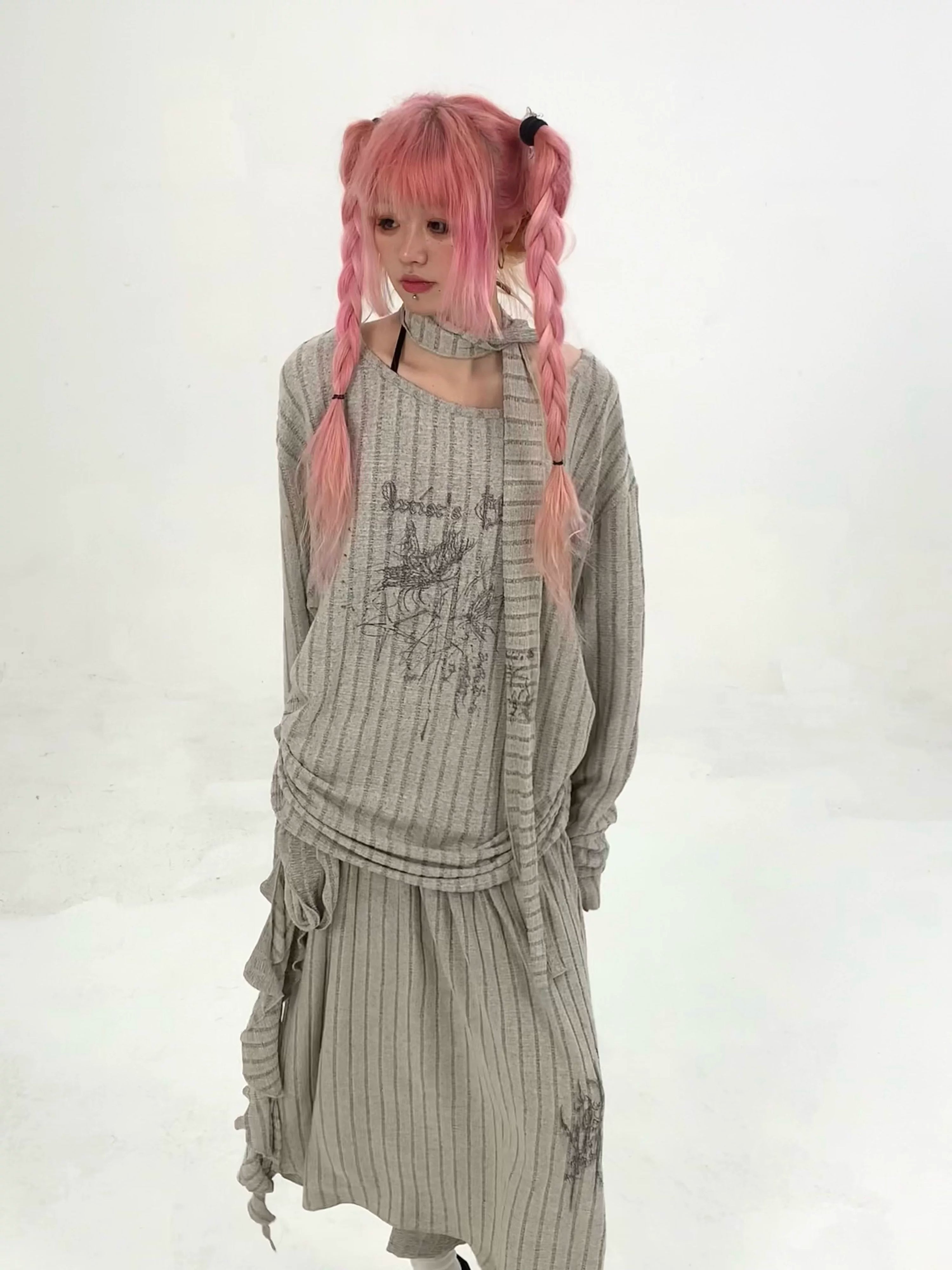 Ribbed Letter Print Strap Detail Oversize Knit Sweater
