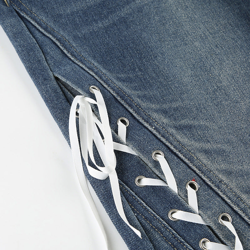 Lace-up Low-rise Straight-Leg Jeans
