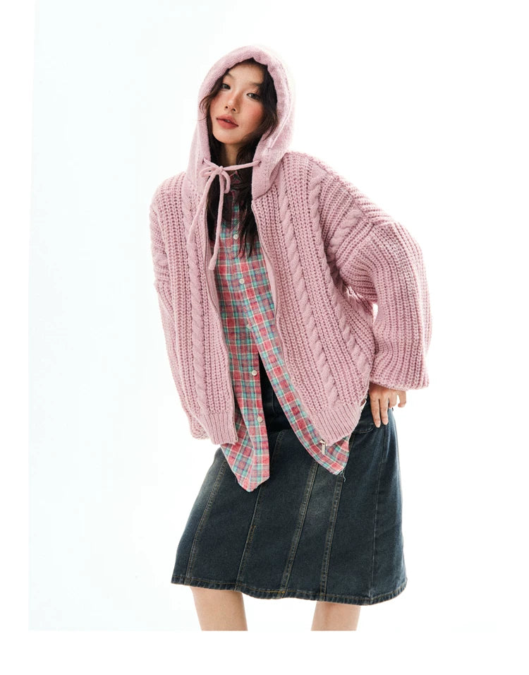 Chunky Knit Zipper Hooded Oversize Cardigan