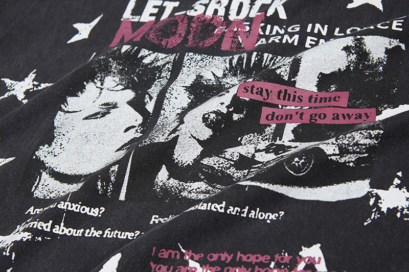 Washed Portrait Letter Print Short Sleeve T-Shirt