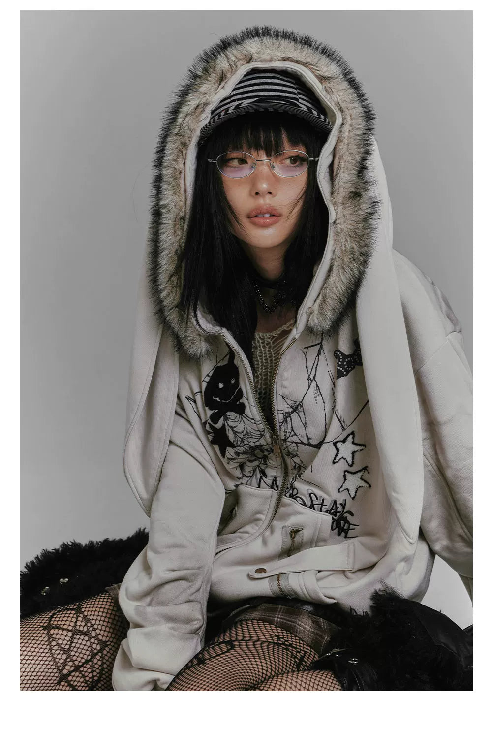 Graphic Fake Fur Hood Bunny Ear Zipper Hoodie Jacket