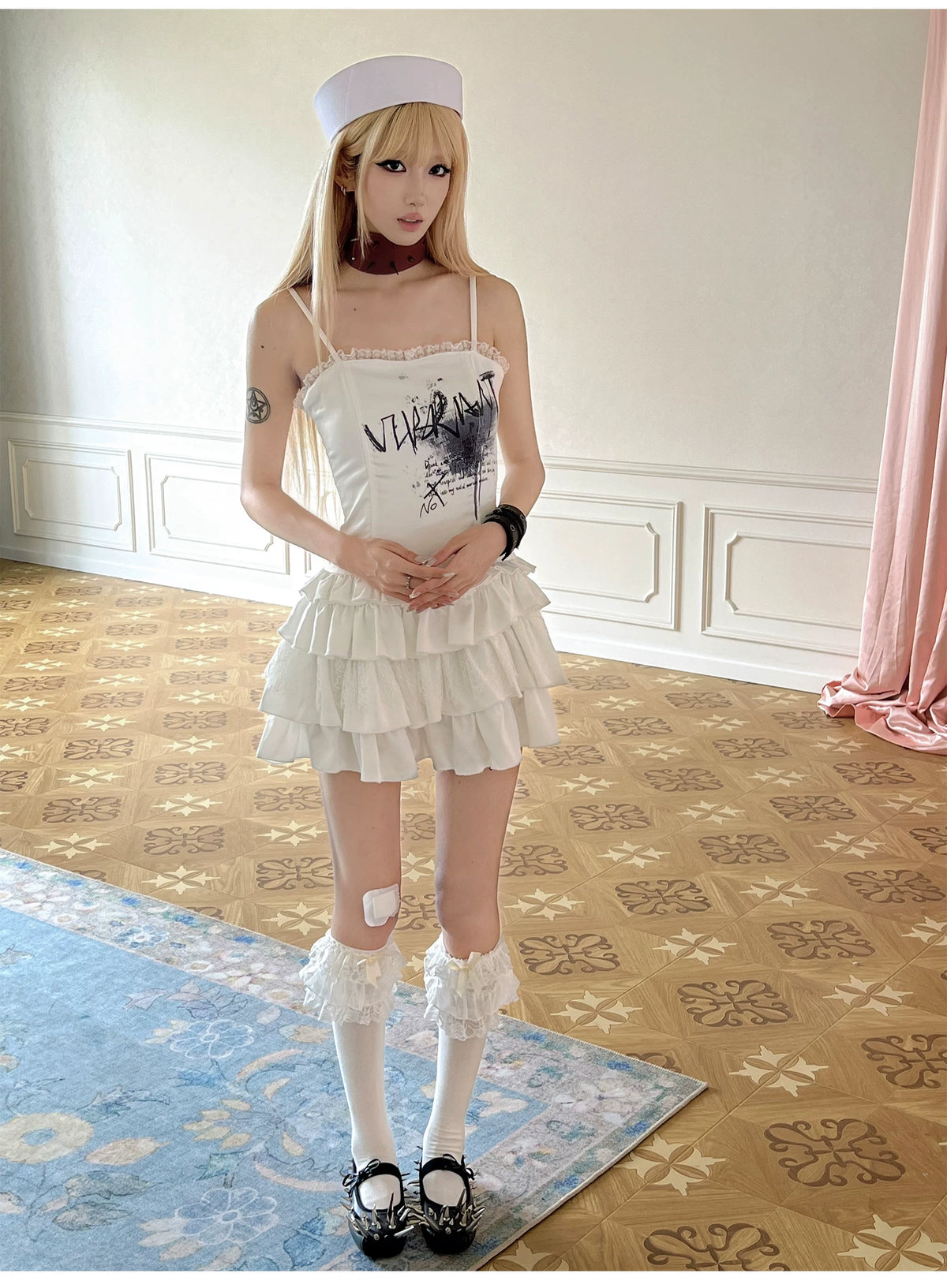 Graffiti Print Satin Lace-Up Ruffled Layered Dress