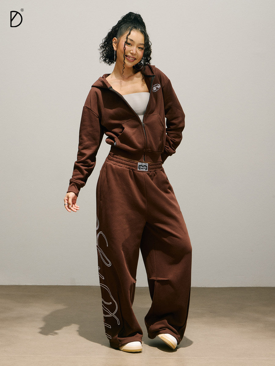 Logo Print Zip Hoodie & Logo Print Wide Leg Sweatpants Setup
