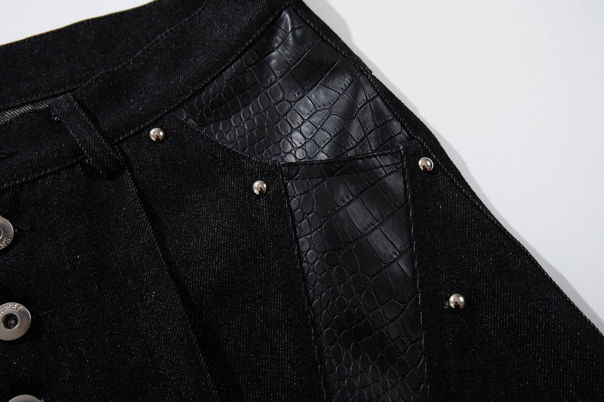Studs PU Leather Panel Wide Leg Denim Jeans