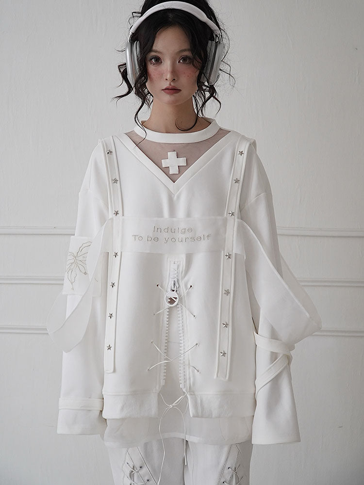 Star Design Sheer Embroidery Pullover Sweatshirt