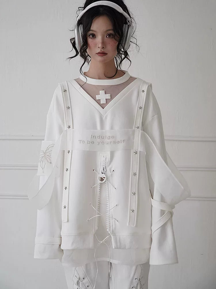 Star Design Sheer Embroidery Pullover Sweatshirt