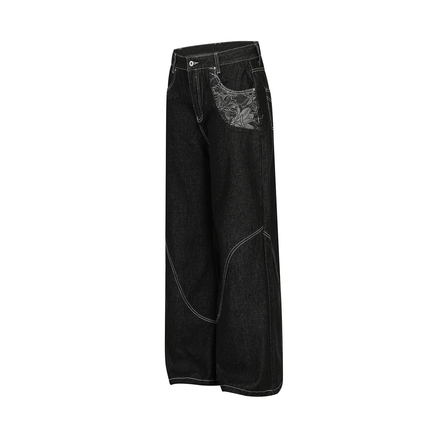 Contrast Stitch Bandana Patch Wide Leg Denim Jeans