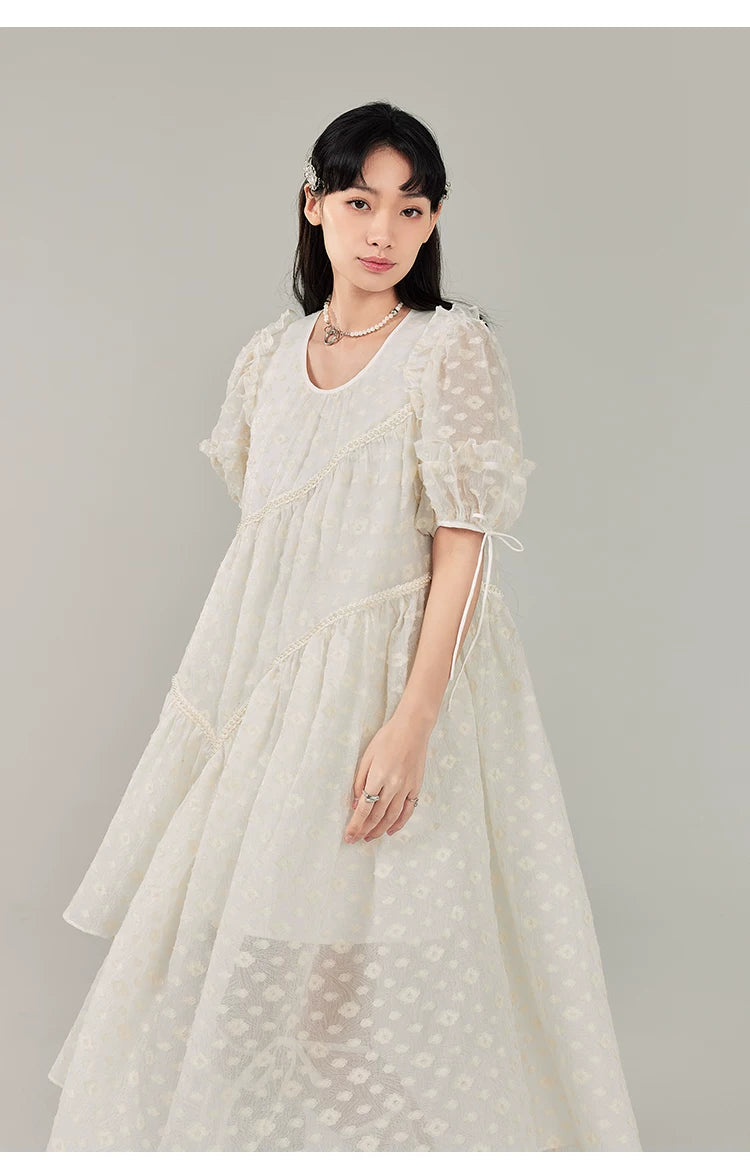 Jacquard Design Short Sleeve Dress With Irregular Hem Length