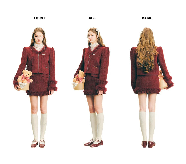 Fur Jacquard Zipper Jacket & Short Skirt Setup