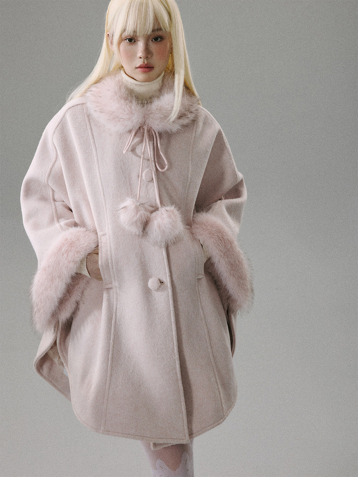 Sweet Girl Pink Long Hair Tweed Cape Coat