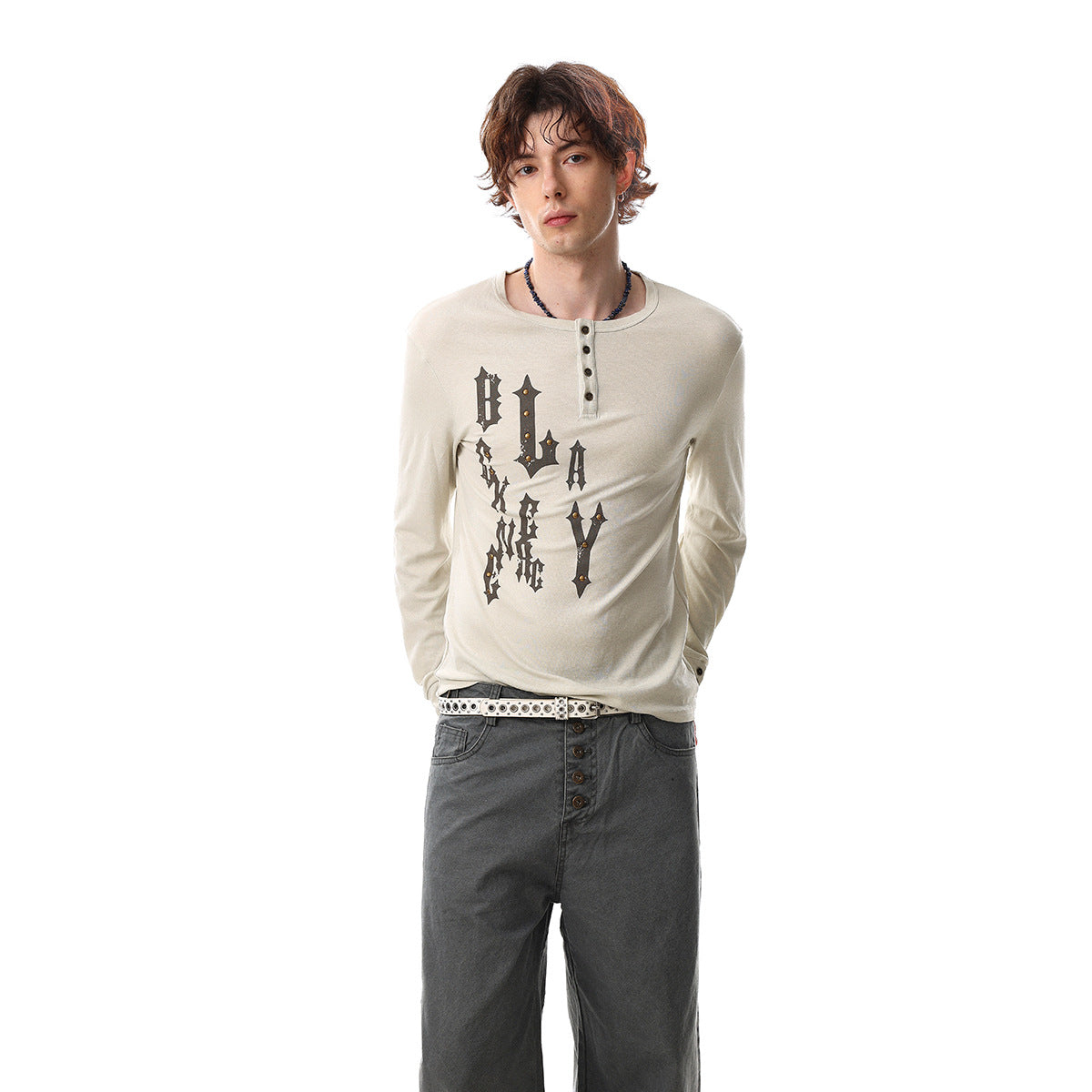 Henley Letter Studs Detail Long Sleeve T-Shirt