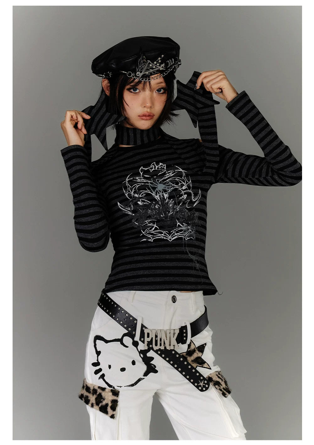Stripe Graphic Print Cutout High-Neck Long Sleeve T-Shirt & Stripe Star Scarf