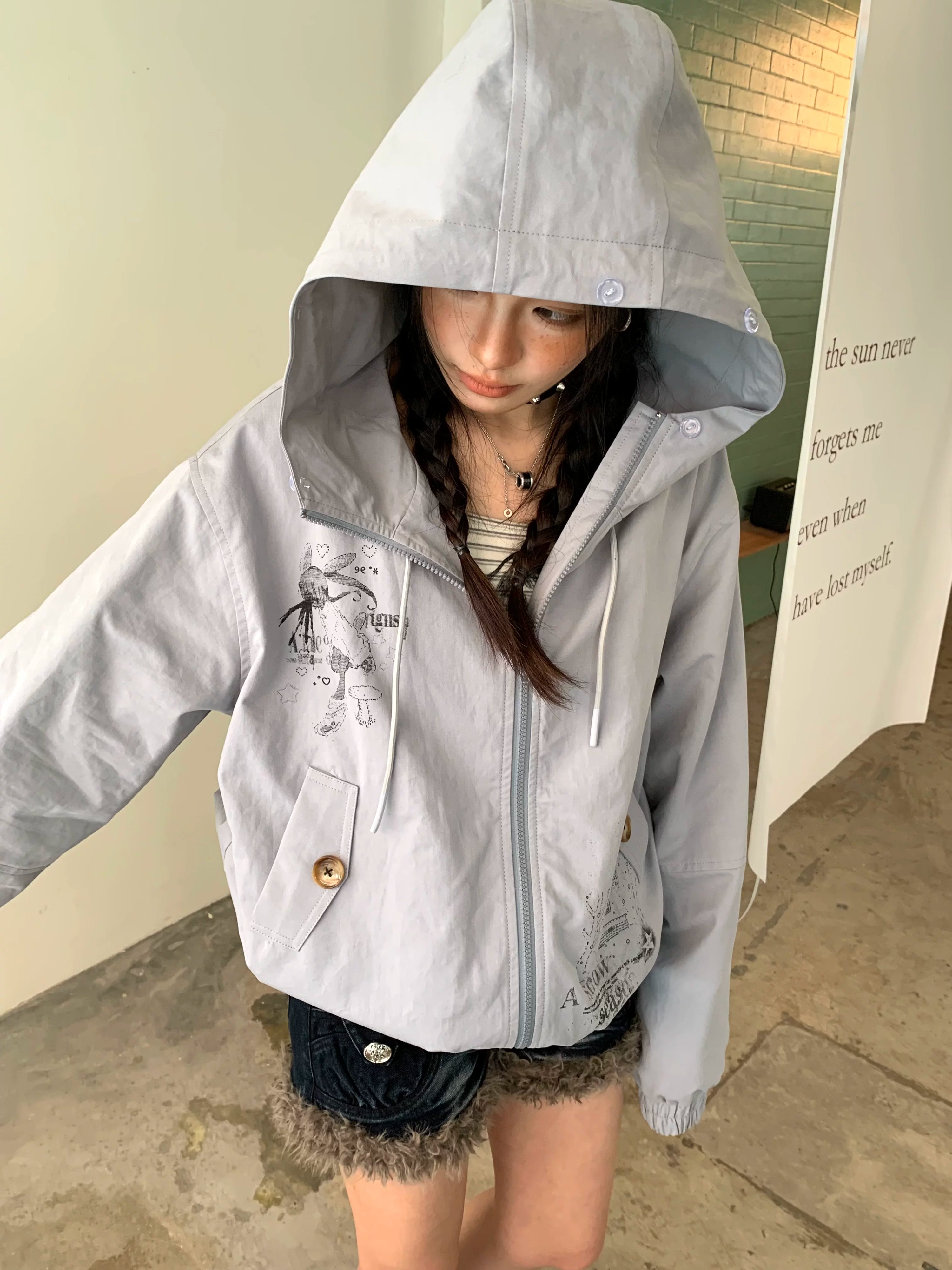 Fake Fur Trim Graphic Print Oversize Hooded Jacket