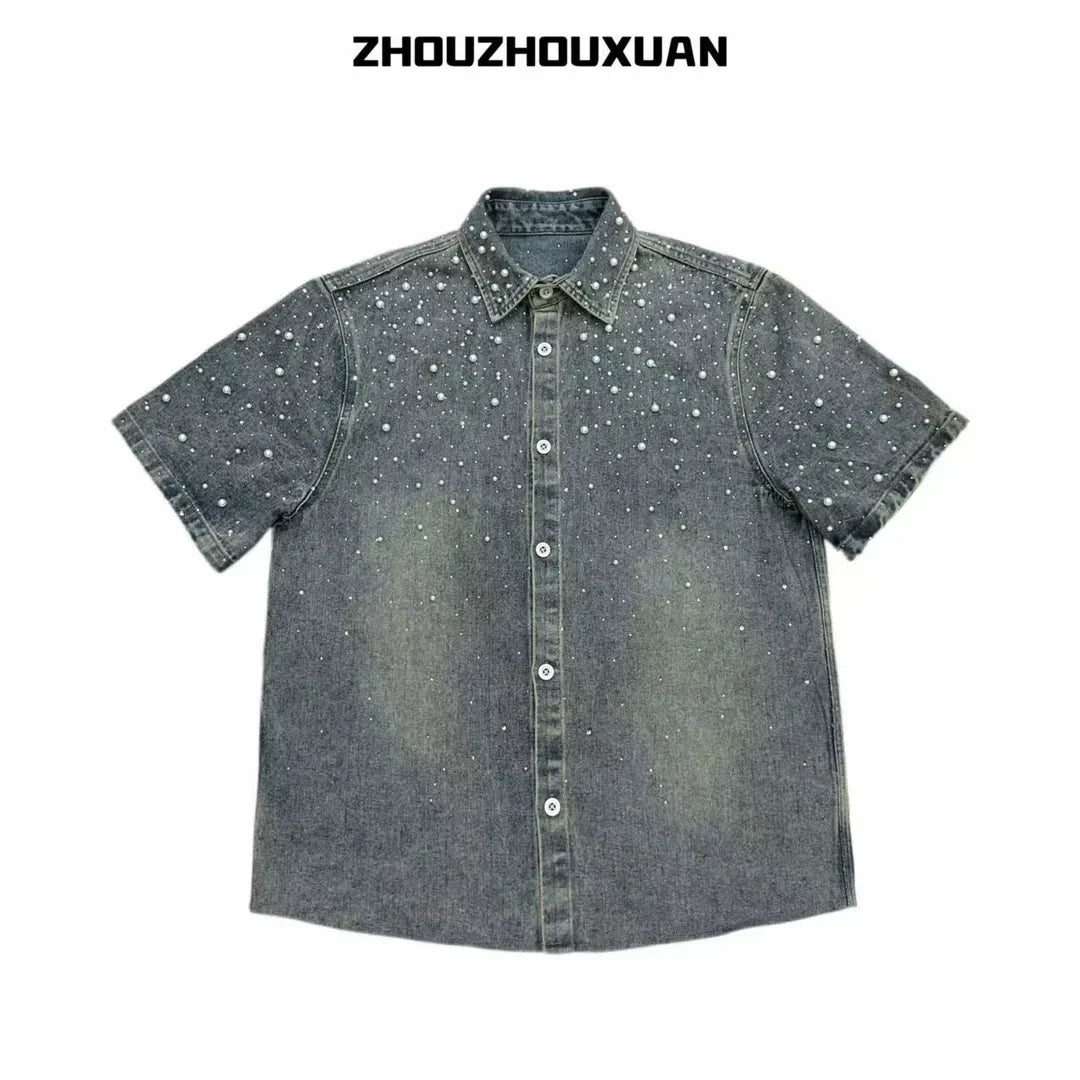 Pearl Decoration Wash Short Sleeve Denim Shirt