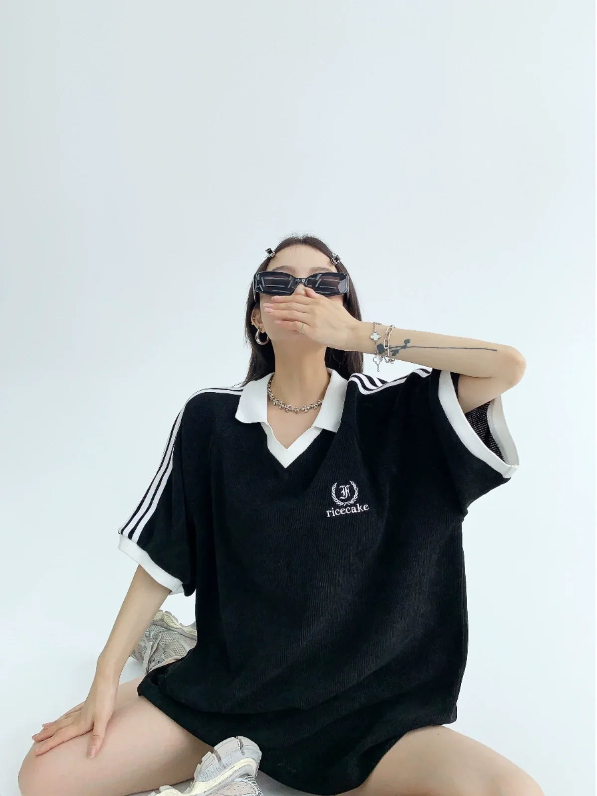 Oversize V-Neck Short Sleeve Polo Shirt
