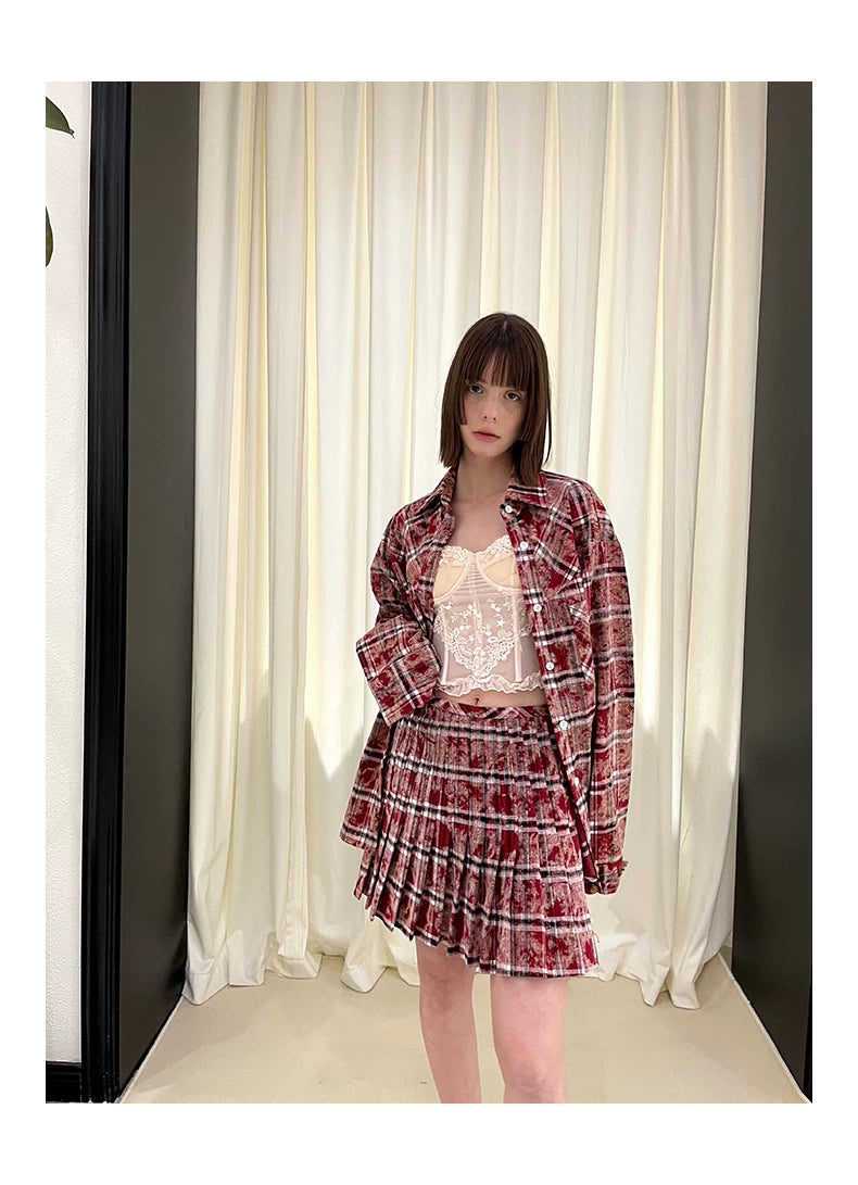 Checkered Washed Oversize Long Sleeve Shirt & Pleated Short Skirt Setup