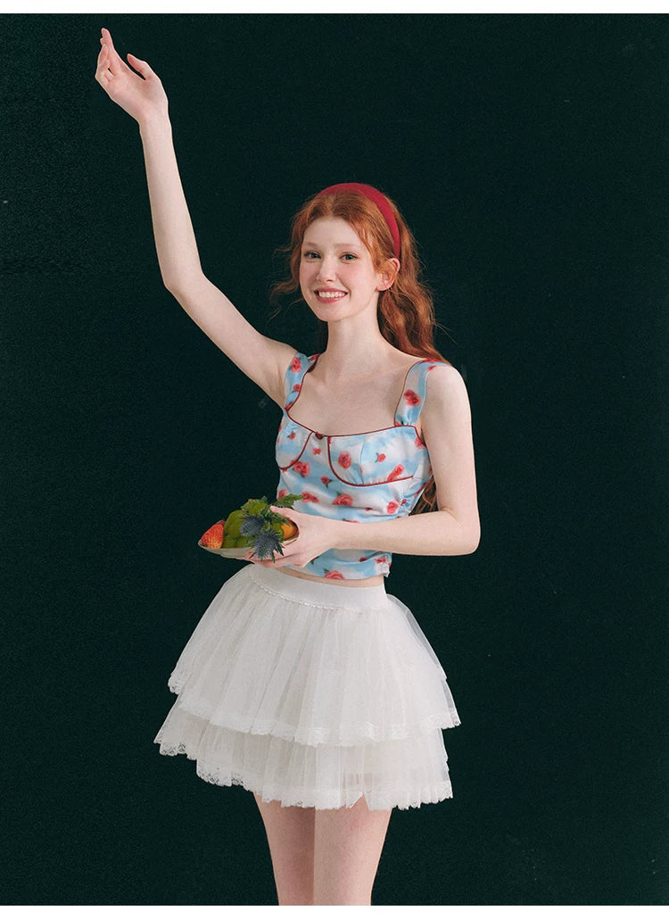 Hand Painted Rose Floral Camisole & Short Skirt Setup