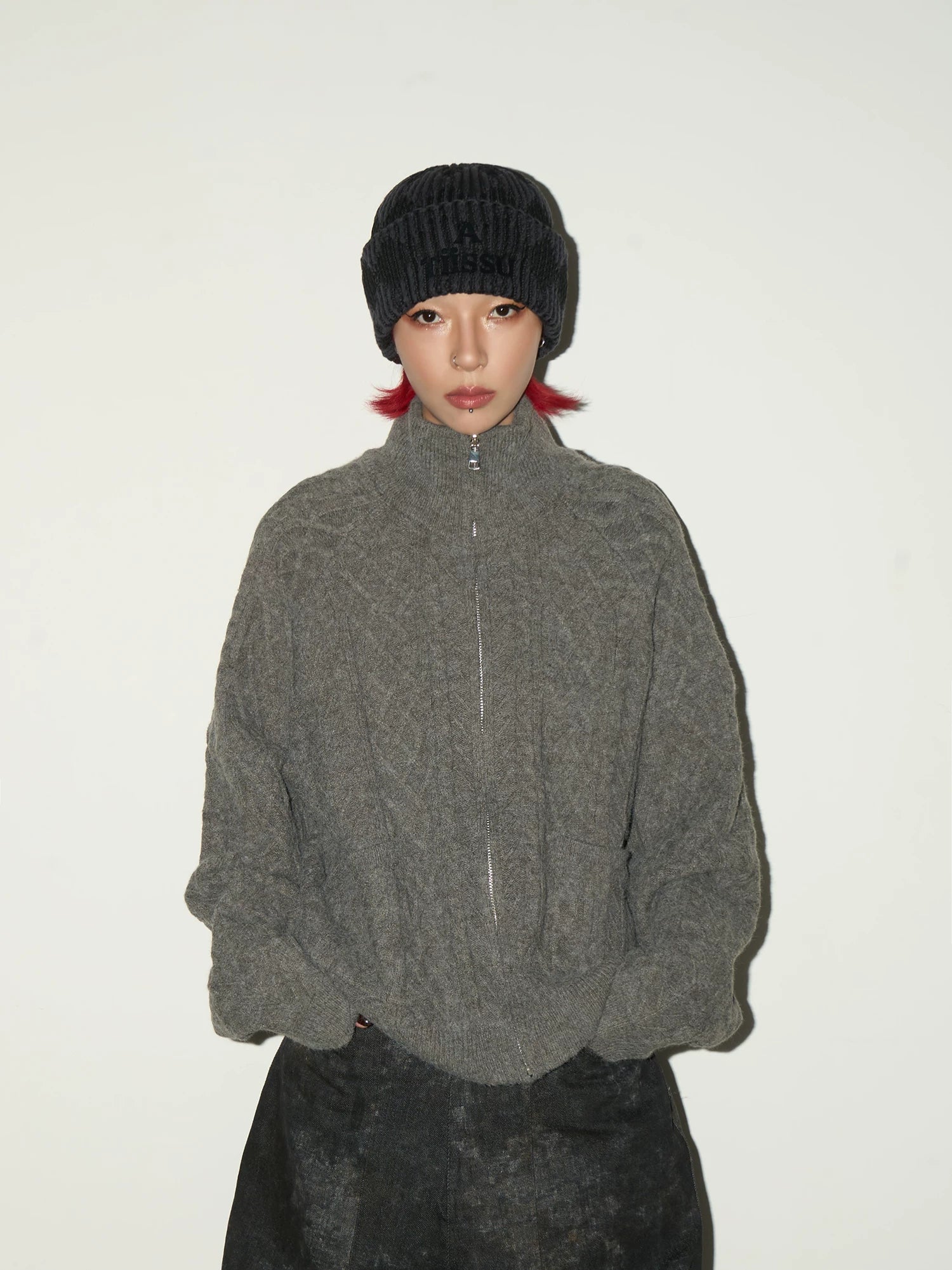 Cable Knit Stand Neck Zipper Knit Cardigan