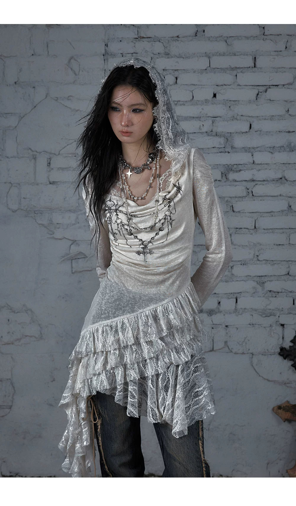 Lace Hooded Asymmetric Ruffle Dress