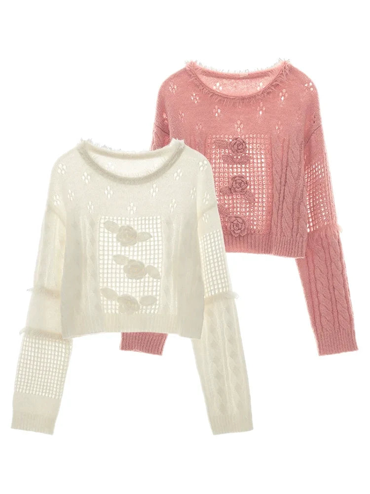 Rose Design Short Knit Sweater