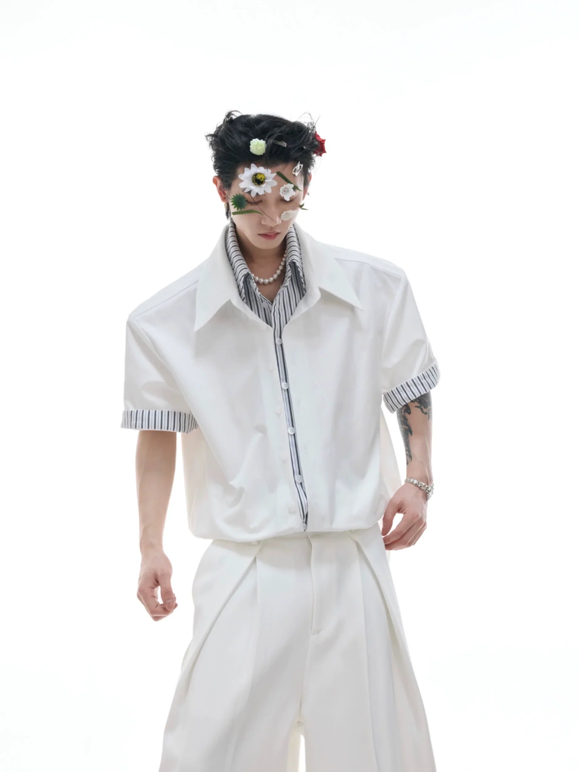 Fake Layered Stripe Colorblock Short Sleeve Shirt