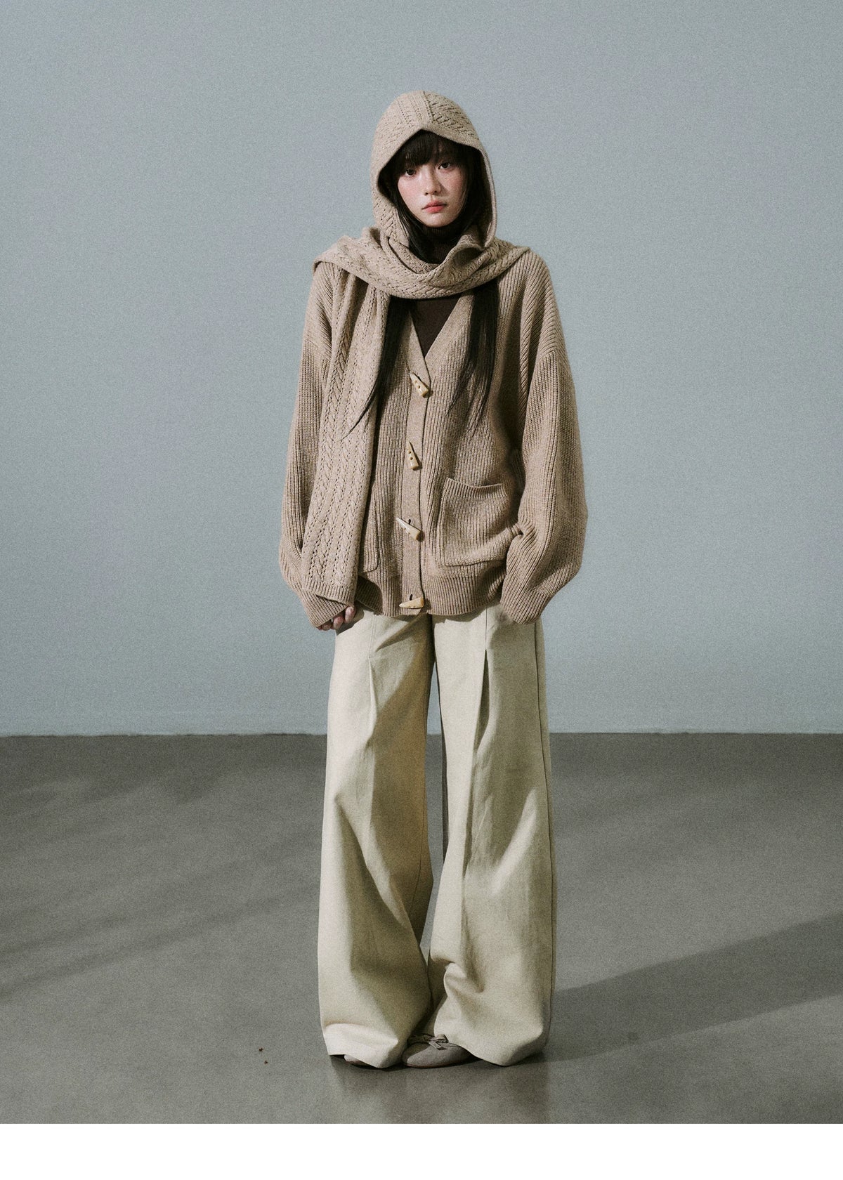 Hooded Horn Button Fleece Lining Knit Cardigan